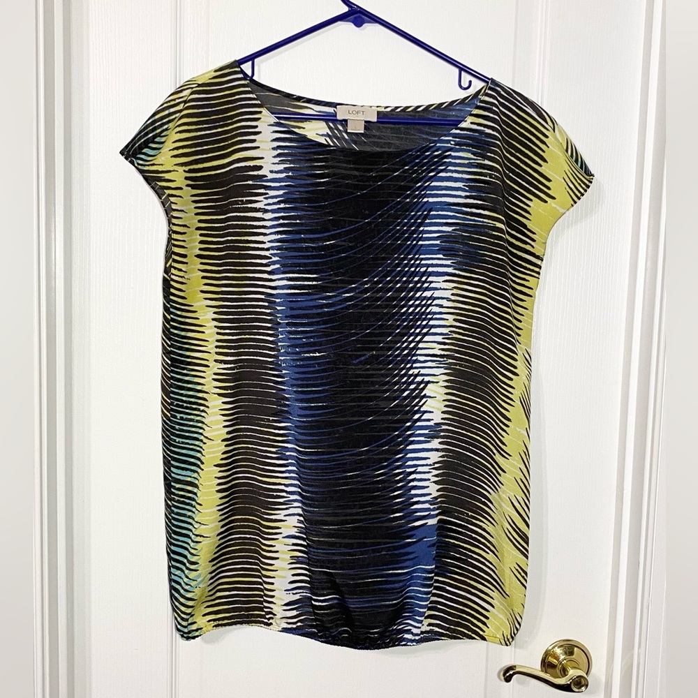 LOFT Brushstroke Pattern Cap Sleeve Elastic Hem Blouse Blue Yellow Large